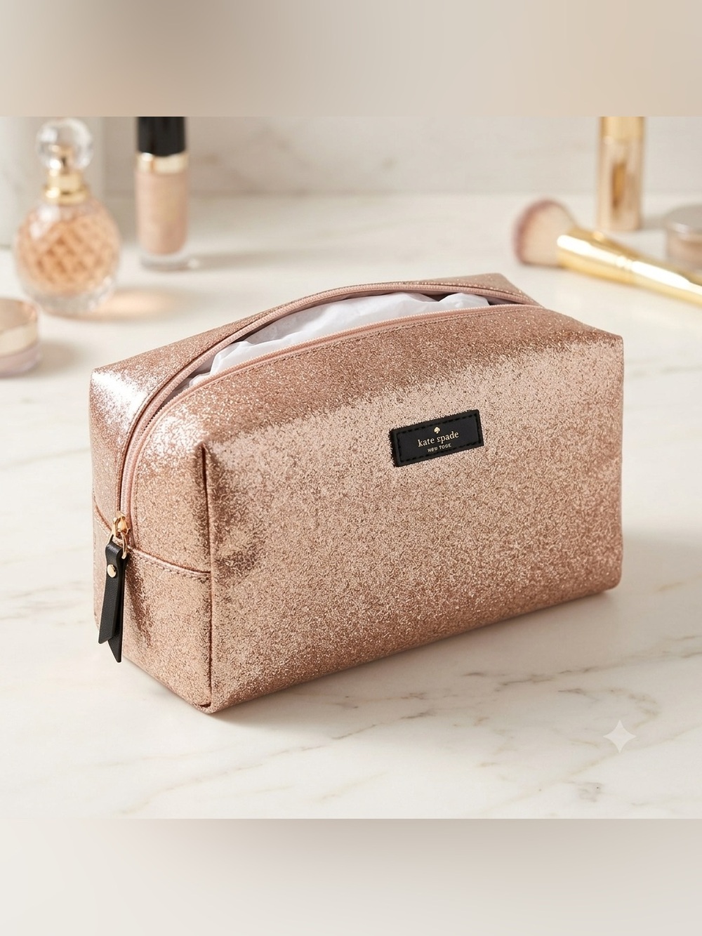 Kate Spade Large Davie Cosmetic Bag Rose Gold Glitter NWT Sparkle Pouch